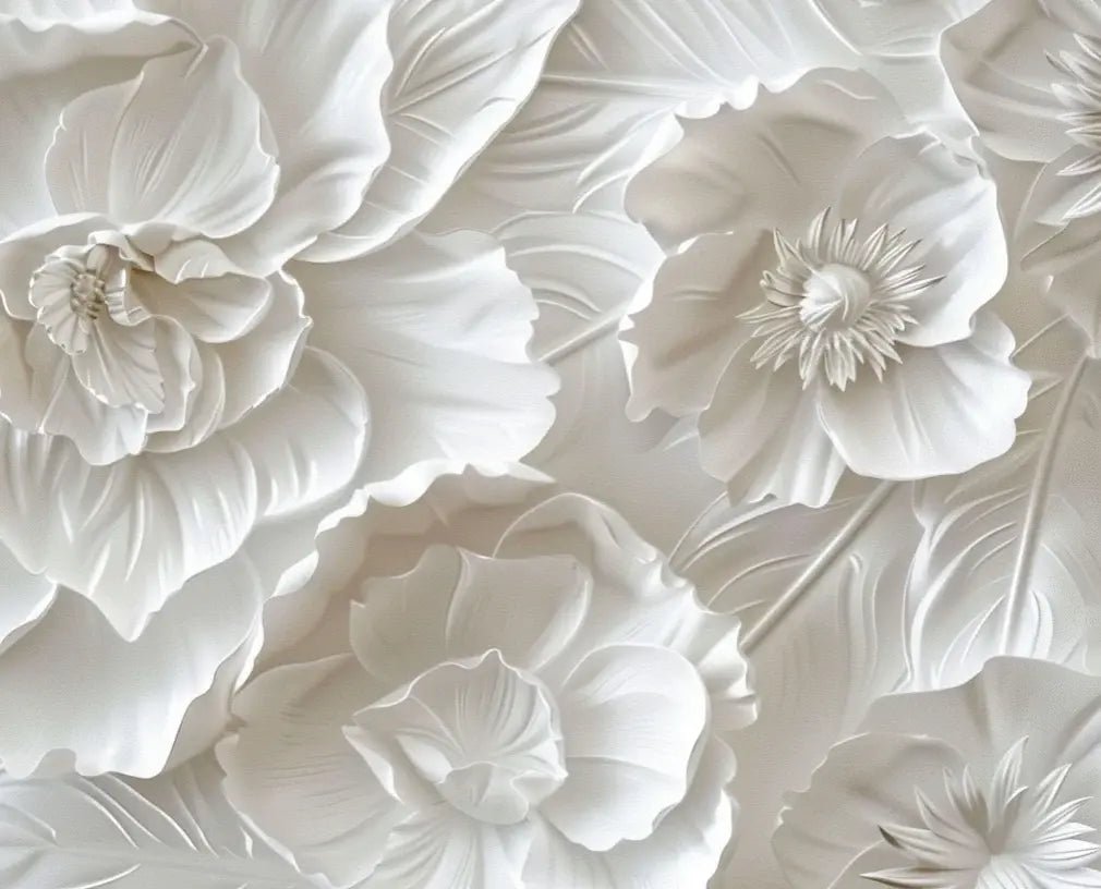 Delicatesse en Blanc : papier peint à motif de fleurs en 3D - Illulart: Papier peint panoramique