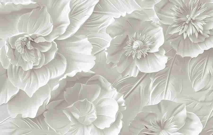 Delicatesse en Blanc : papier peint à motif de fleurs en 3D - Illulart: Papier peint panoramique