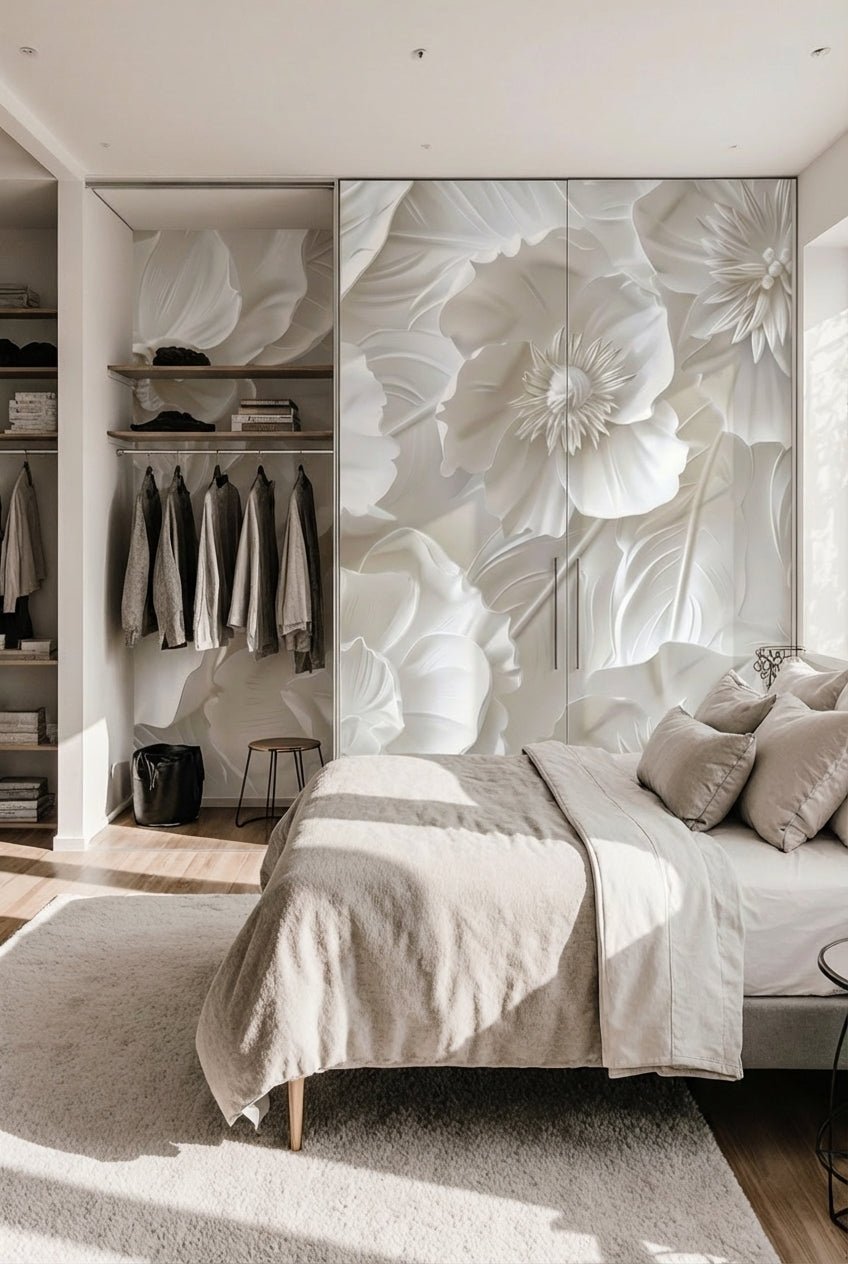 Delicatesse en Blanc : papier peint à motif de fleurs en 3D - Illulart: Papier peint panoramique