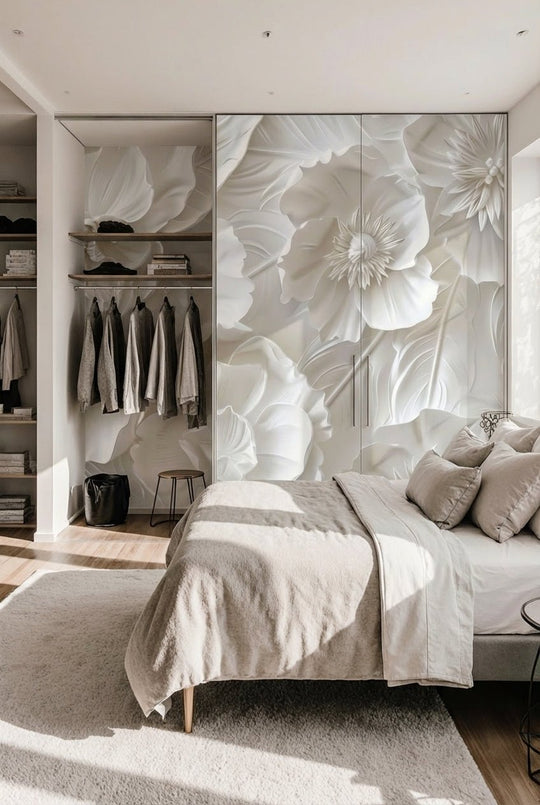 Delicatesse en Blanc : papier peint à motif de fleurs en 3D - Illulart: Papier peint panoramique