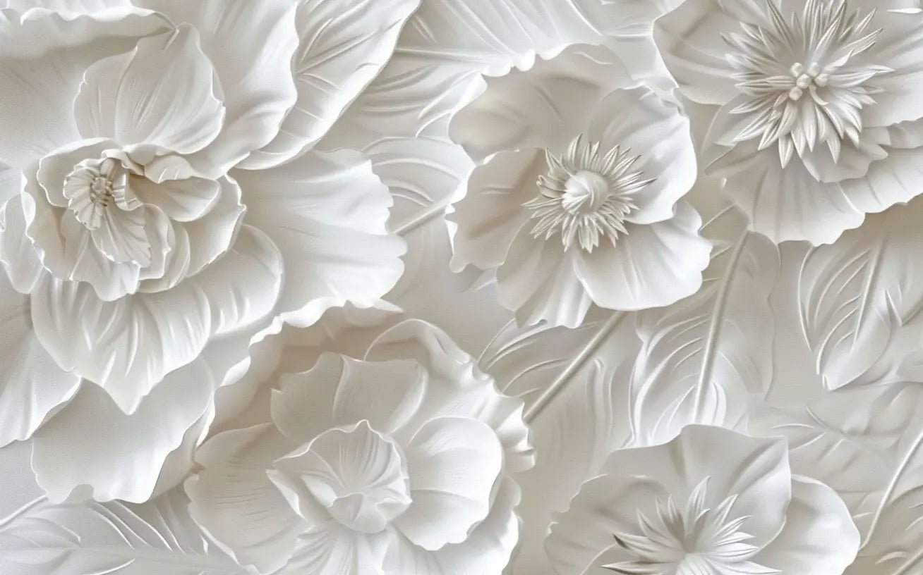 Delicatesse en Blanc : papier peint à motif de fleurs en 3D