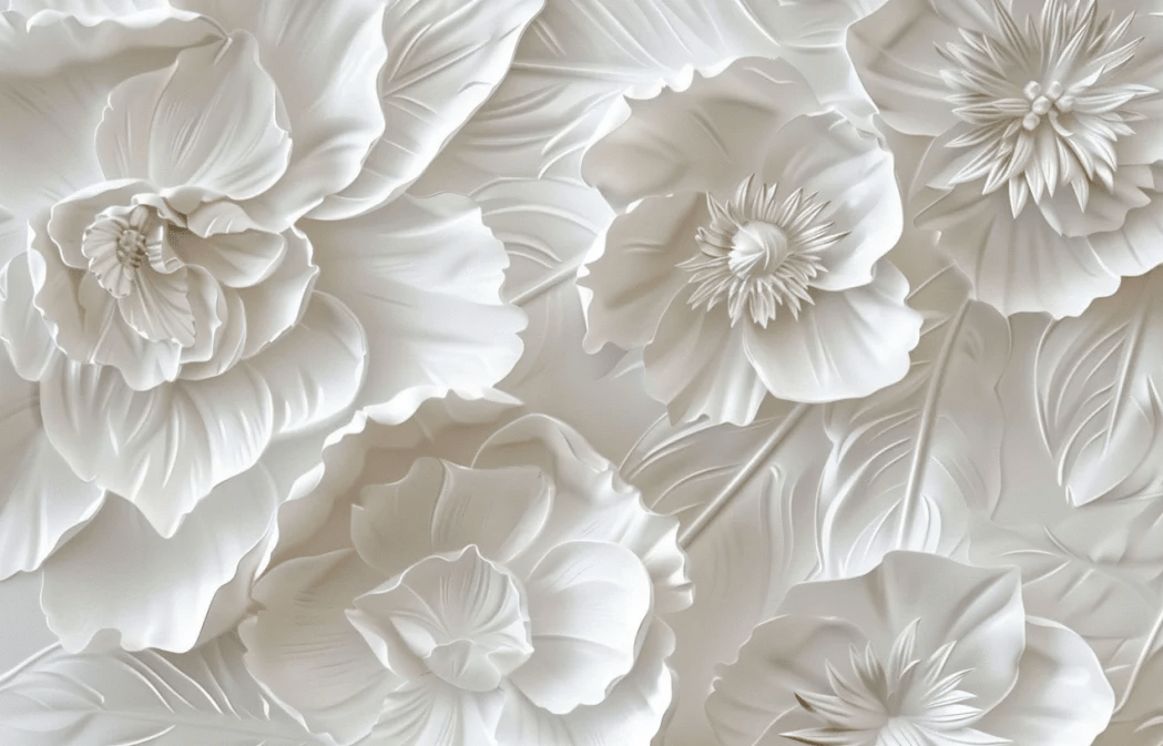 Delicatesse en Blanc : papier peint à motif de fleurs en 3D - Illulart: Papier peint panoramique