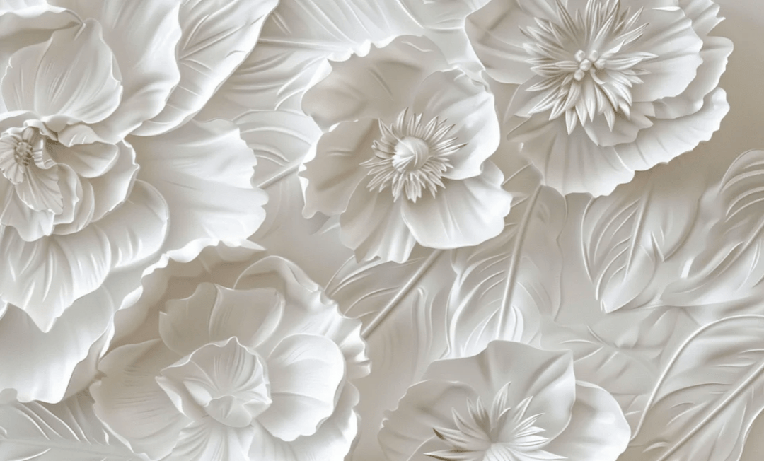 Delicatesse en Blanc : papier peint à motif de fleurs en 3D - Illulart: Papier peint panoramique