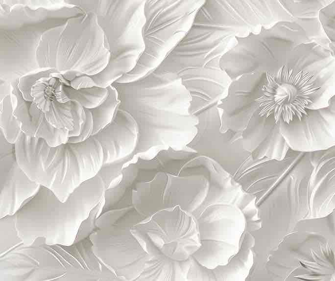 Delicatesse en Blanc : papier peint à motif de fleurs en 3D - Illulart: Papier peint panoramique