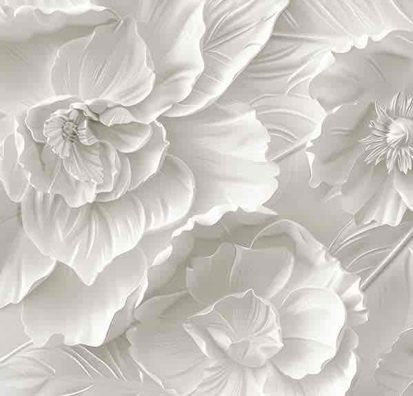 Delicatesse en Blanc : papier peint à motif de fleurs en 3D - Illulart: Papier peint panoramique