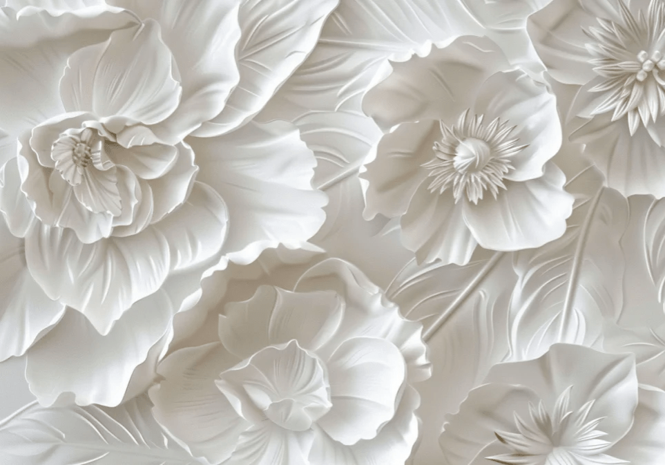 Delicatesse en Blanc : papier peint à motif de fleurs en 3D - Illulart: Papier peint panoramique