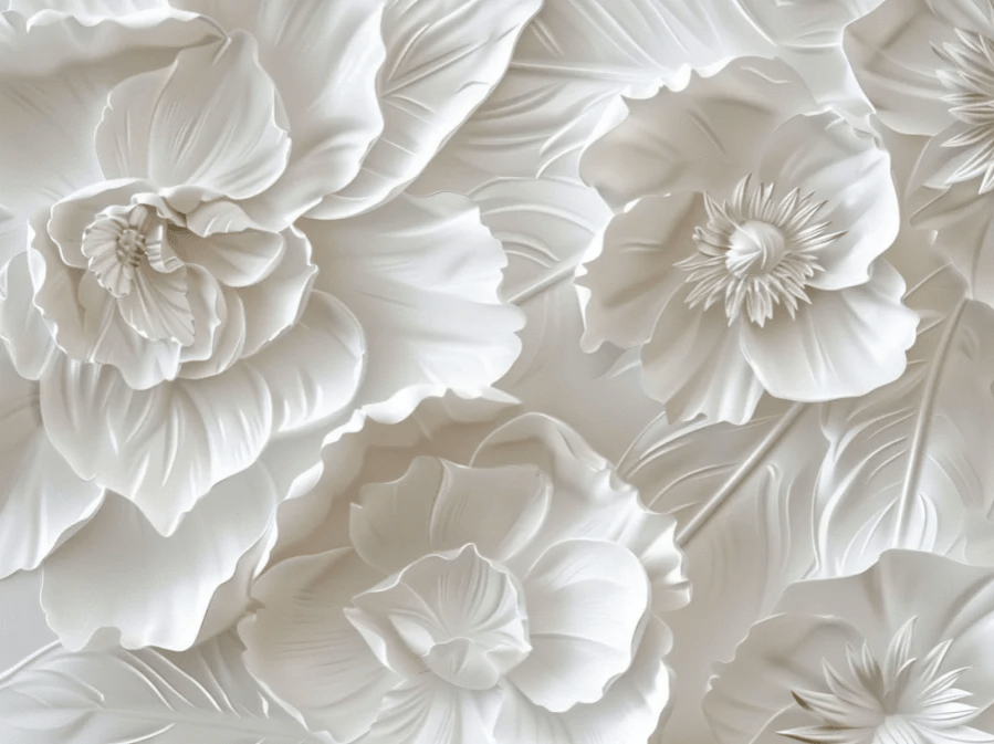 Delicatesse en Blanc : papier peint à motif de fleurs en 3D - Illulart: Papier peint panoramique