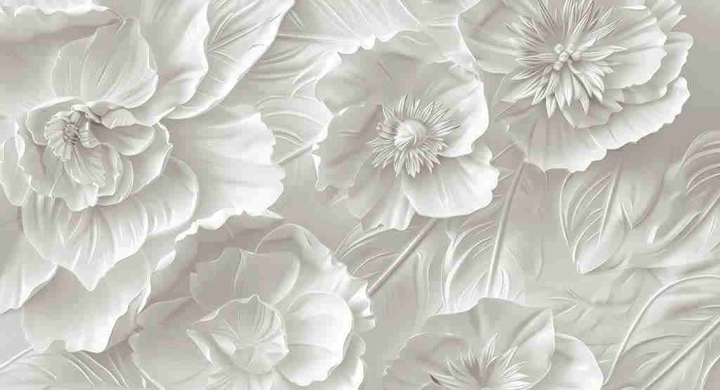 Delicatesse en Blanc : papier peint à motif de fleurs en 3D - Illulart: Papier peint panoramique