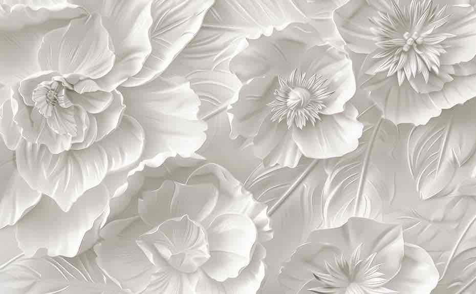 Delicatesse en Blanc : papier peint à motif de fleurs en 3D - Illulart: Papier peint panoramique