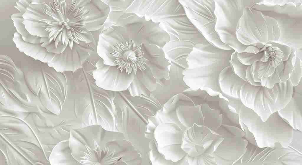 Delicatesse en Blanc : papier peint à motif de fleurs en 3D - Illulart: Papier peint panoramique