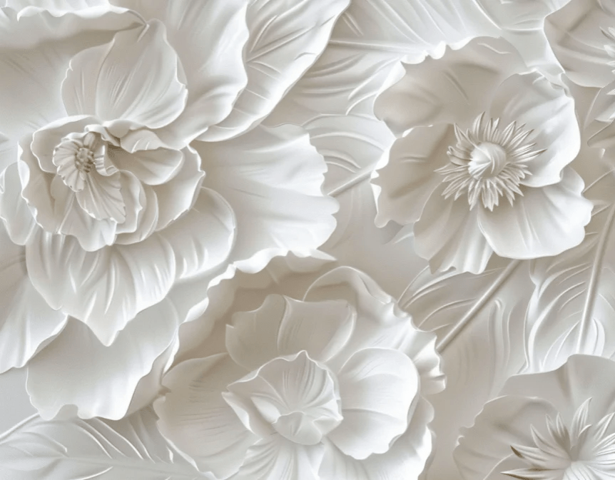 Delicatesse en Blanc : papier peint à motif de fleurs en 3D - Illulart: Papier peint panoramique