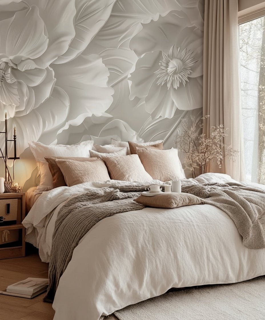 Delicatesse en Blanc : papier peint à motif de fleurs en 3D - Illulart: Papier peint panoramique