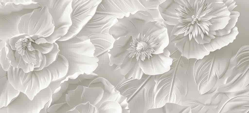 Delicatesse en Blanc : papier peint à motif de fleurs en 3D - Illulart: Papier peint panoramique