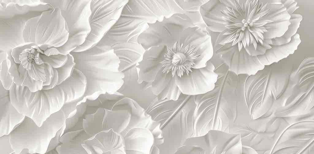 Delicatesse en Blanc : papier peint à motif de fleurs en 3D - Illulart: Papier peint panoramique