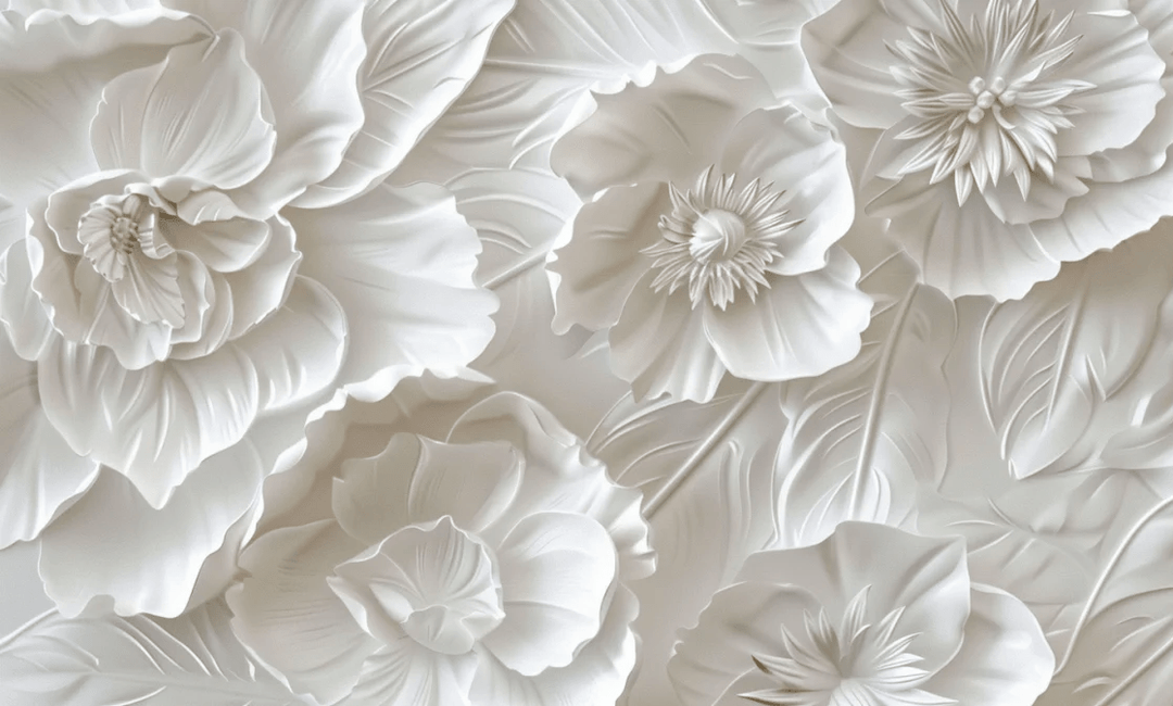 Delicatesse en Blanc : papier peint à motif de fleurs en 3D - Illulart: Papier peint panoramique