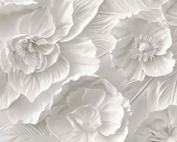 Delicatesse en Blanc : papier peint à motif de fleurs en 3D - Illulart: Papier peint panoramique
