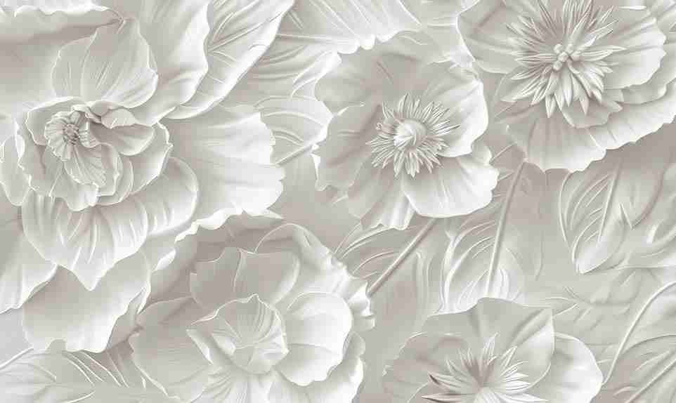 Delicatesse en Blanc : papier peint à motif de fleurs en 3D - Illulart: Papier peint panoramique