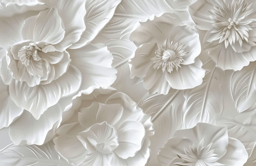 Delicatesse en Blanc : papier peint à motif de fleurs en 3D - Illulart: Papier peint panoramique