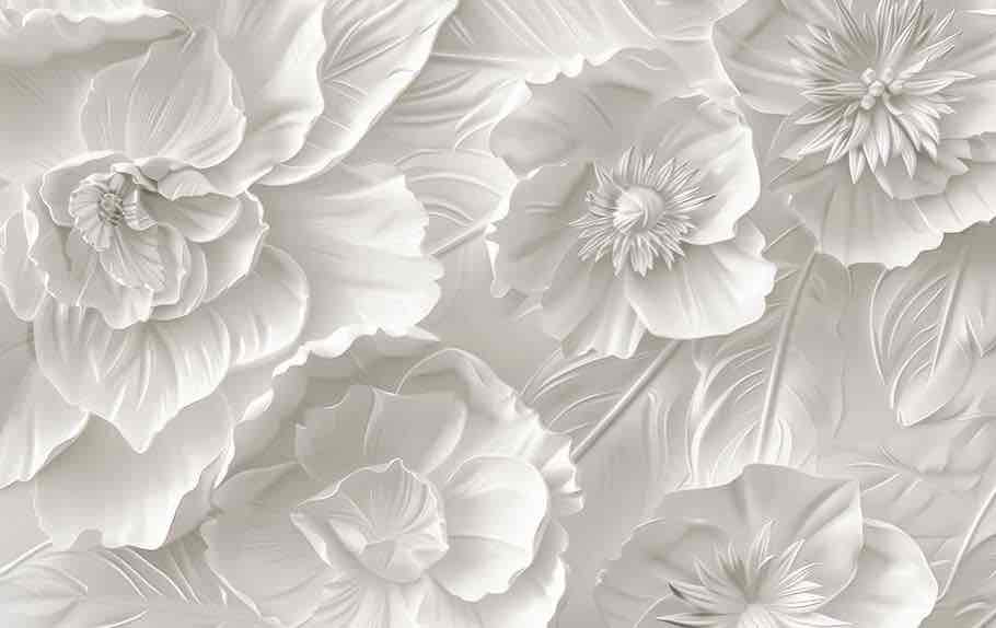Delicatesse en Blanc : papier peint à motif de fleurs en 3D - Illulart: Papier peint panoramique