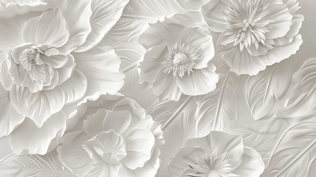 Delicatesse en Blanc : papier peint à motif de fleurs en 3D - Illulart: Papier peint panoramique