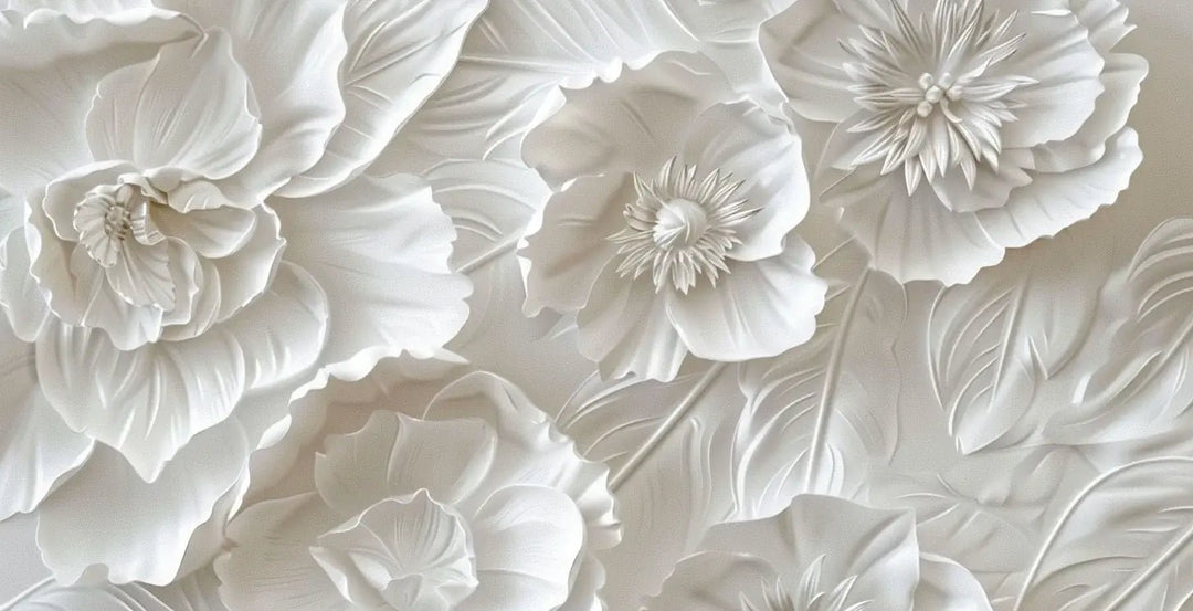 Delicatesse en Blanc : papier peint à motif de fleurs en 3D - Illulart: Papier peint panoramique