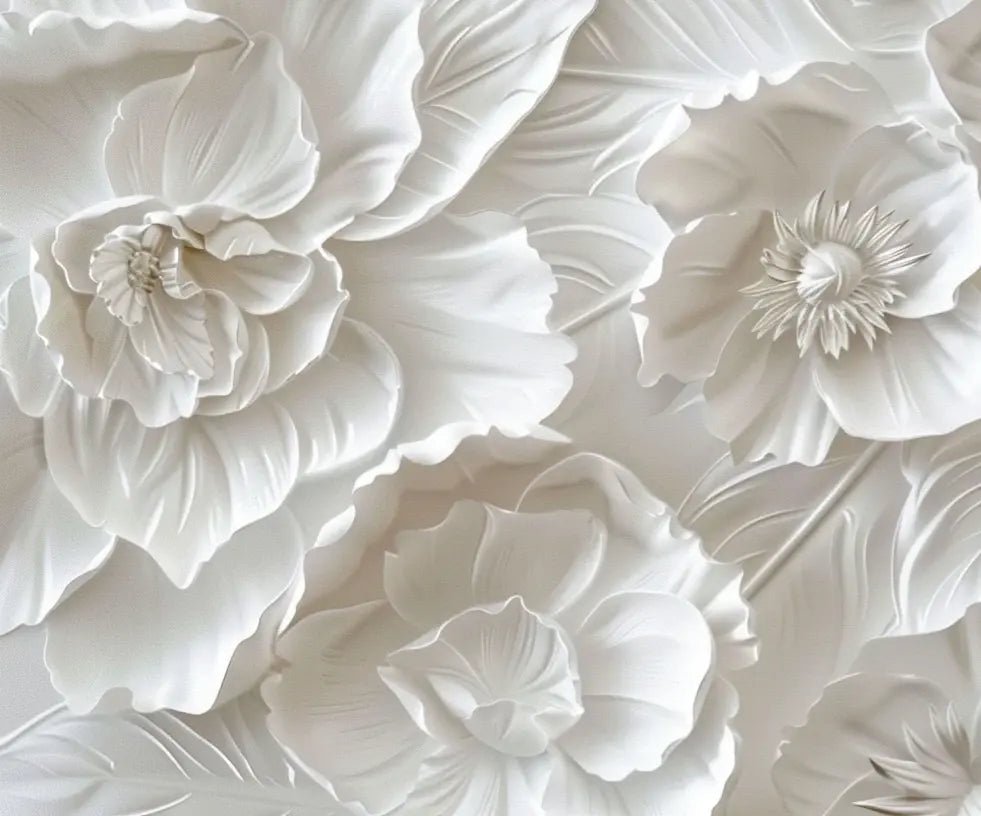 Delicatesse en Blanc : papier peint à motif de fleurs en 3D - Illulart: Papier peint panoramique