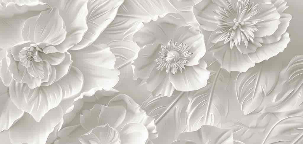 Delicatesse en Blanc : papier peint à motif de fleurs en 3D - Illulart: Papier peint panoramique