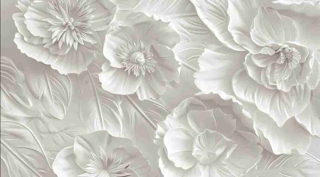 Delicatesse en Blanc : papier peint à motif de fleurs en 3D - Illulart: Papier peint panoramique