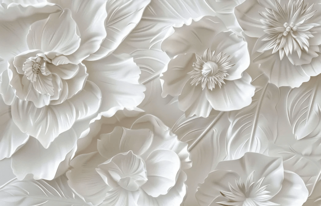 Delicatesse en Blanc : papier peint à motif de fleurs en 3D - Illulart: Papier peint panoramique