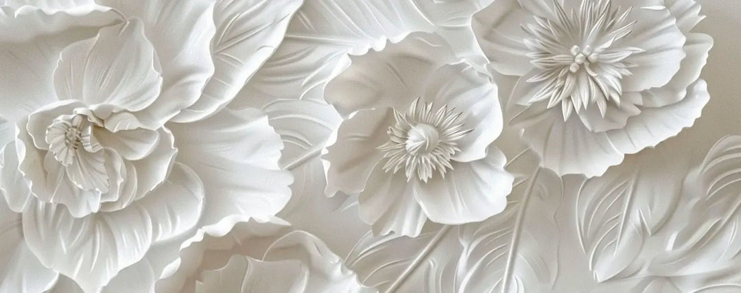 Delicatesse en Blanc : papier peint à motif de fleurs en 3D - Illulart: Papier peint panoramique