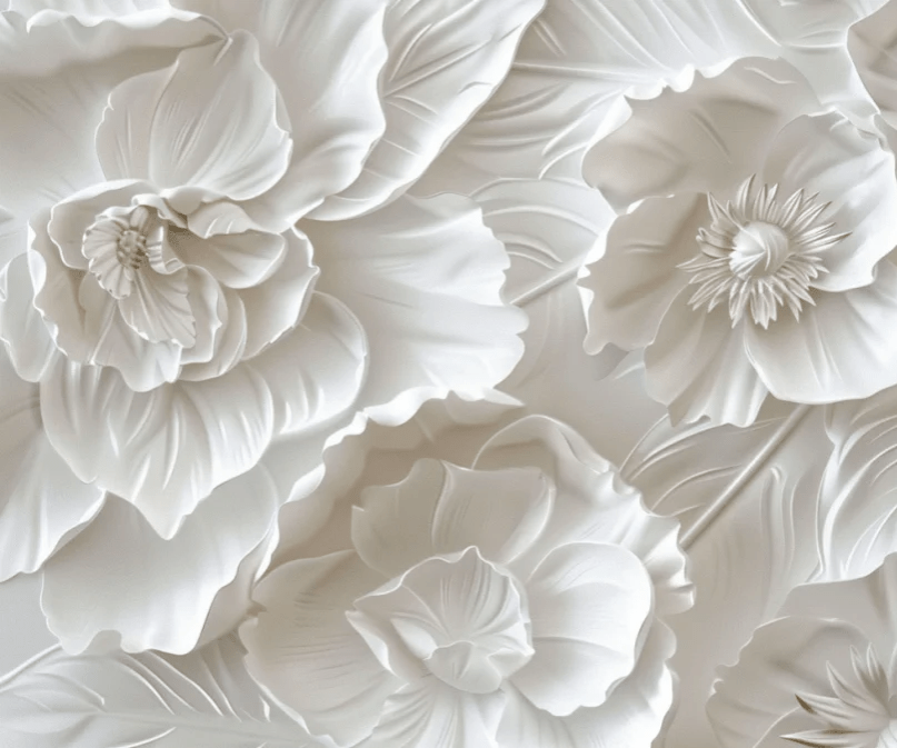 Delicatesse en Blanc : papier peint à motif de fleurs en 3D - Illulart: Papier peint panoramique