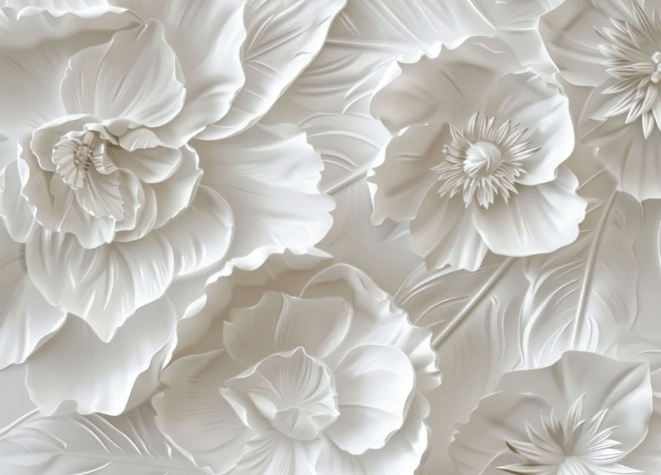 Delicatesse en Blanc : papier peint à motif de fleurs en 3D - Illulart: Papier peint panoramique