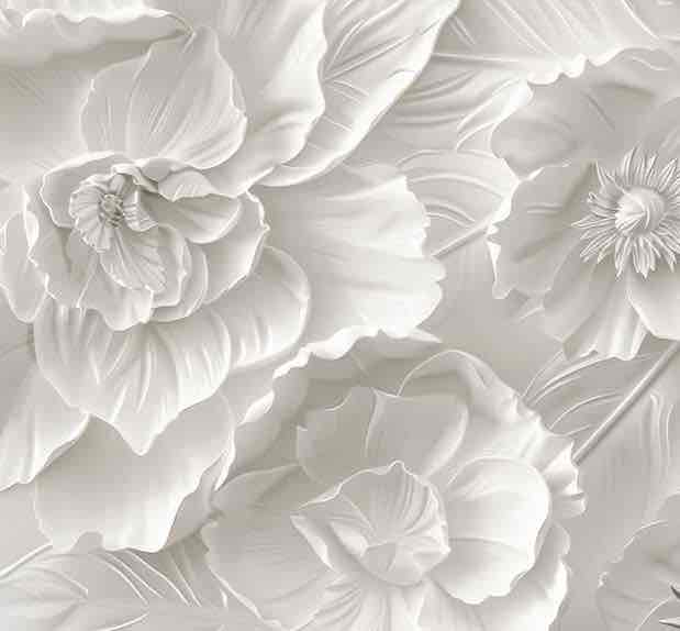 Delicatesse en Blanc : papier peint à motif de fleurs en 3D - Illulart: Papier peint panoramique