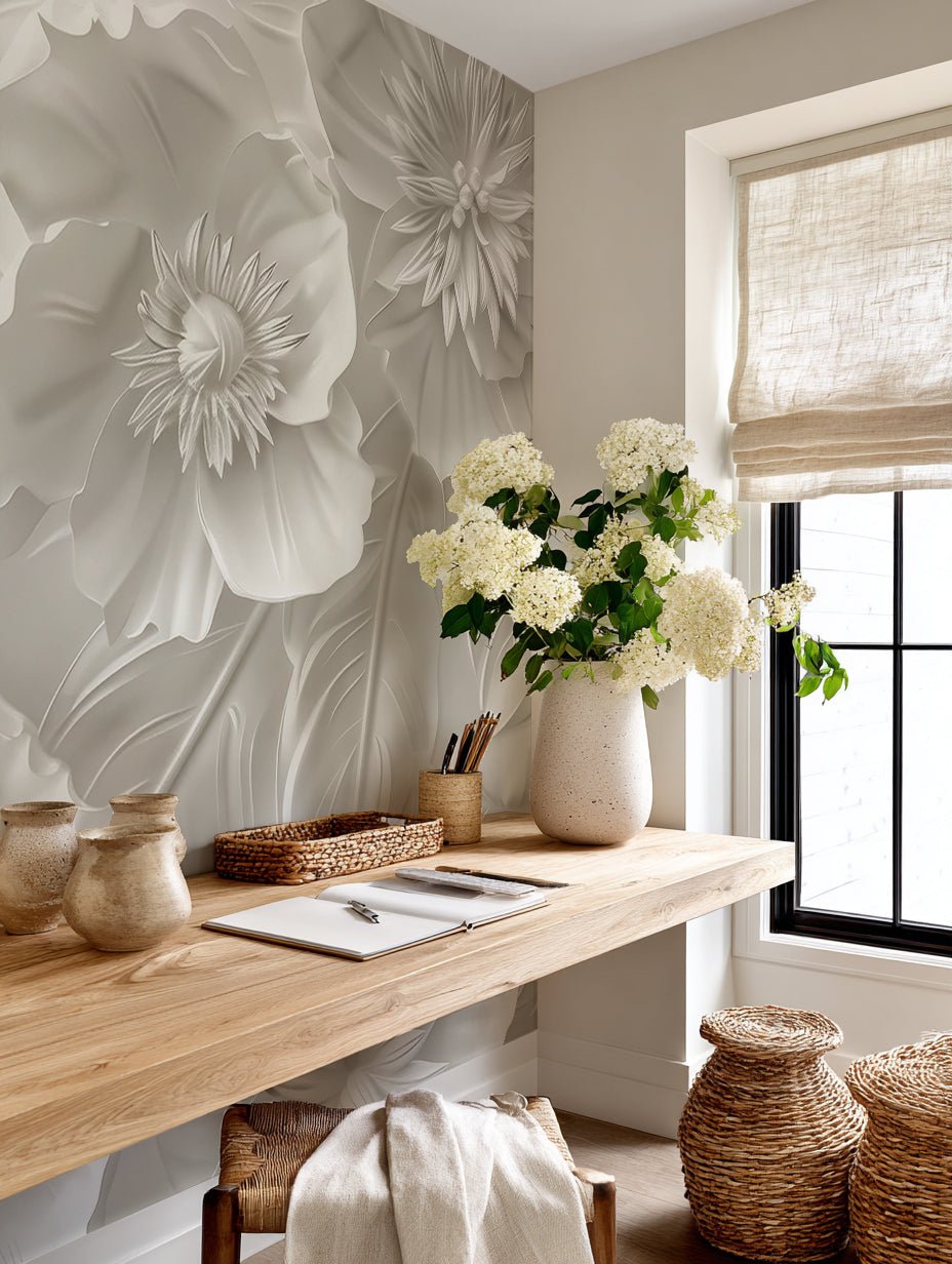 Delicatesse en Blanc : papier peint à motif de fleurs en 3D - Illulart: Papier peint panoramique