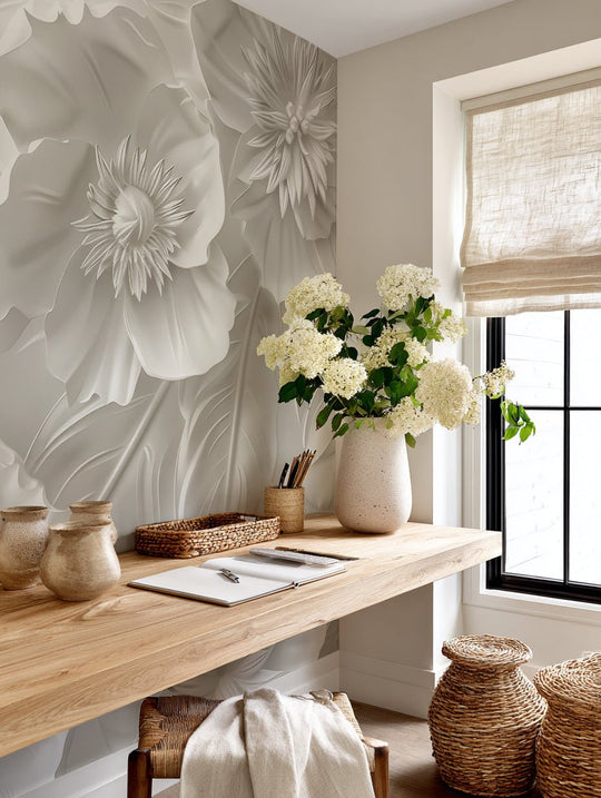 Delicatesse en Blanc : papier peint à motif de fleurs en 3D - Illulart: Papier peint panoramique