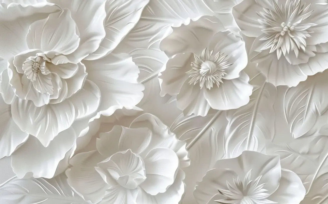 Delicatesse en Blanc : papier peint à motif de fleurs en 3D - Illulart: Papier peint panoramique