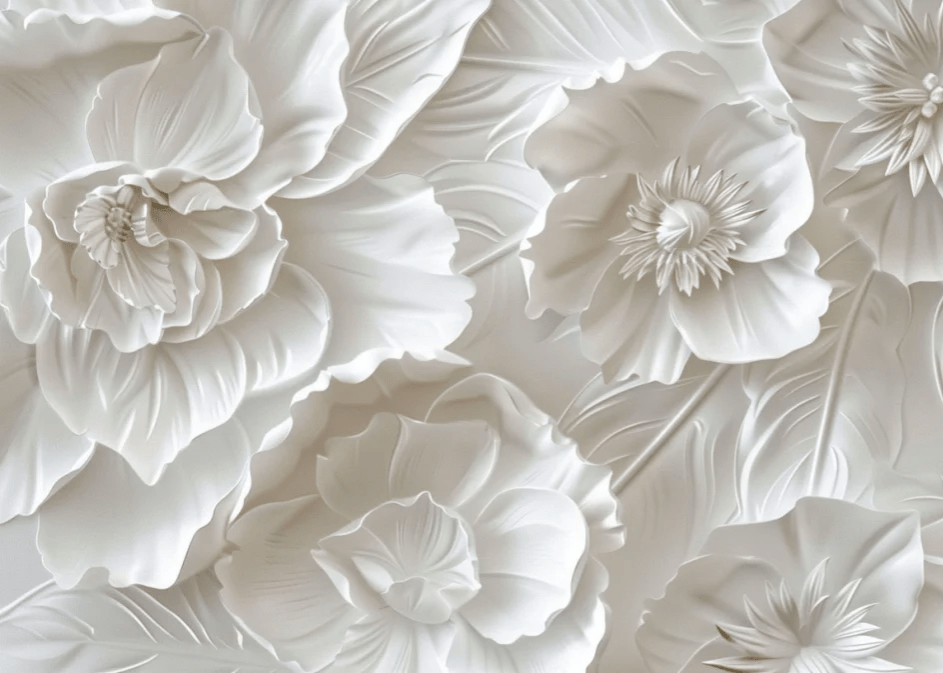 Delicatesse en Blanc : papier peint à motif de fleurs en 3D - Illulart: Papier peint panoramique