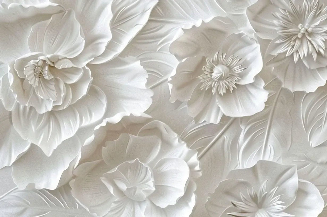 Delicatesse en Blanc : papier peint à motif de fleurs en 3D - Illulart: Papier peint panoramique