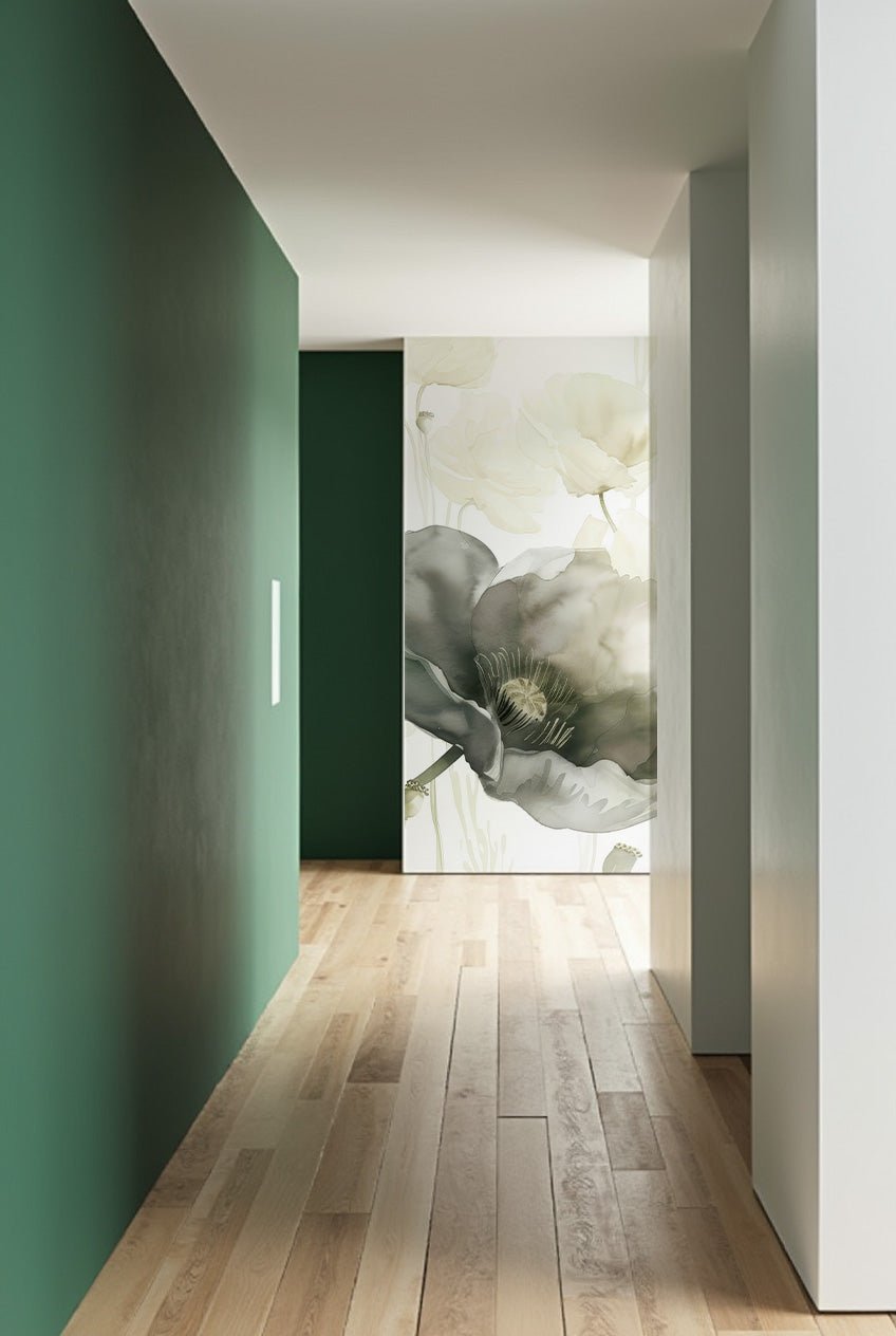 Délice Printanier : Coquelicots Verts et Crème - Illulart: Papier peint panoramique