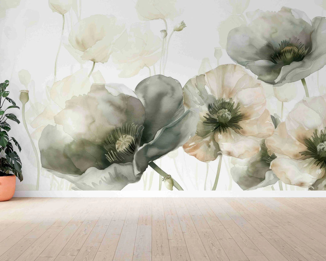 Délice Printanier : Coquelicots Verts et Crème - Illulart: Papier peint panoramique