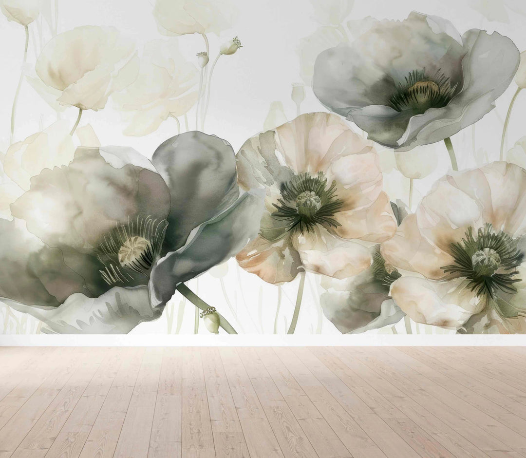 Délice Printanier : Coquelicots Verts et Crème - Illulart: Papier peint panoramique