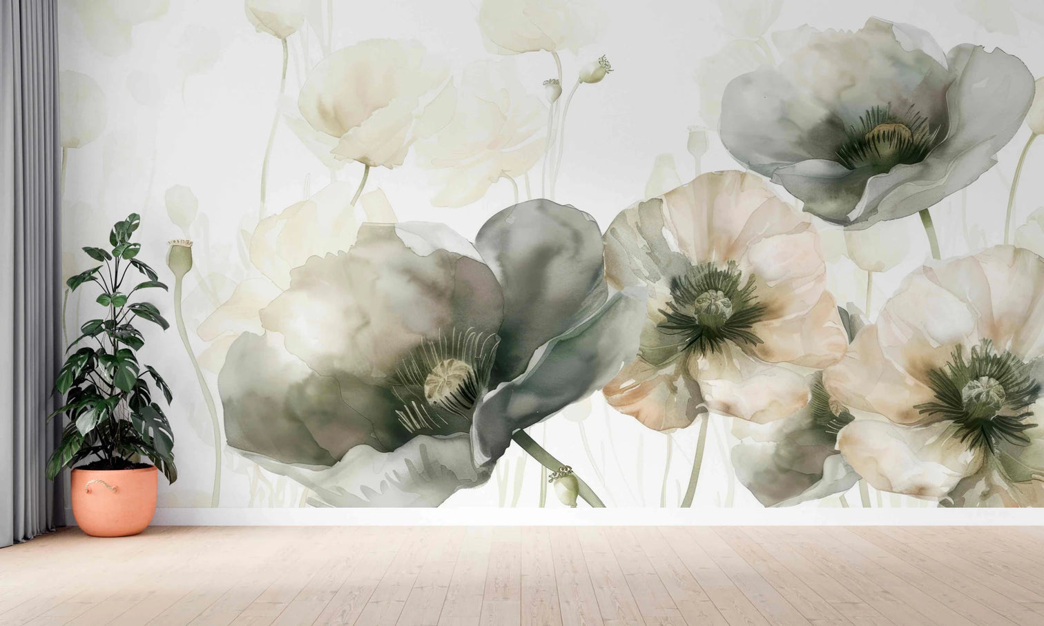 Délice Printanier : Coquelicots Verts et Crème - Illulart: Papier peint panoramique