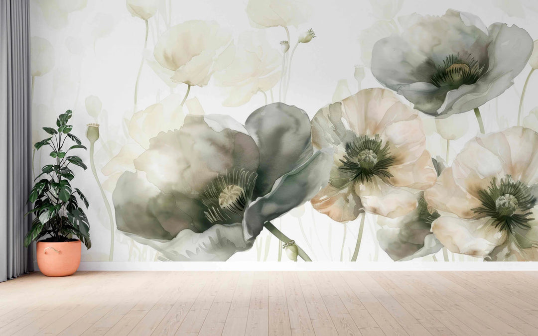 Délice Printanier : Coquelicots Verts et Crème - Illulart: Papier peint panoramique