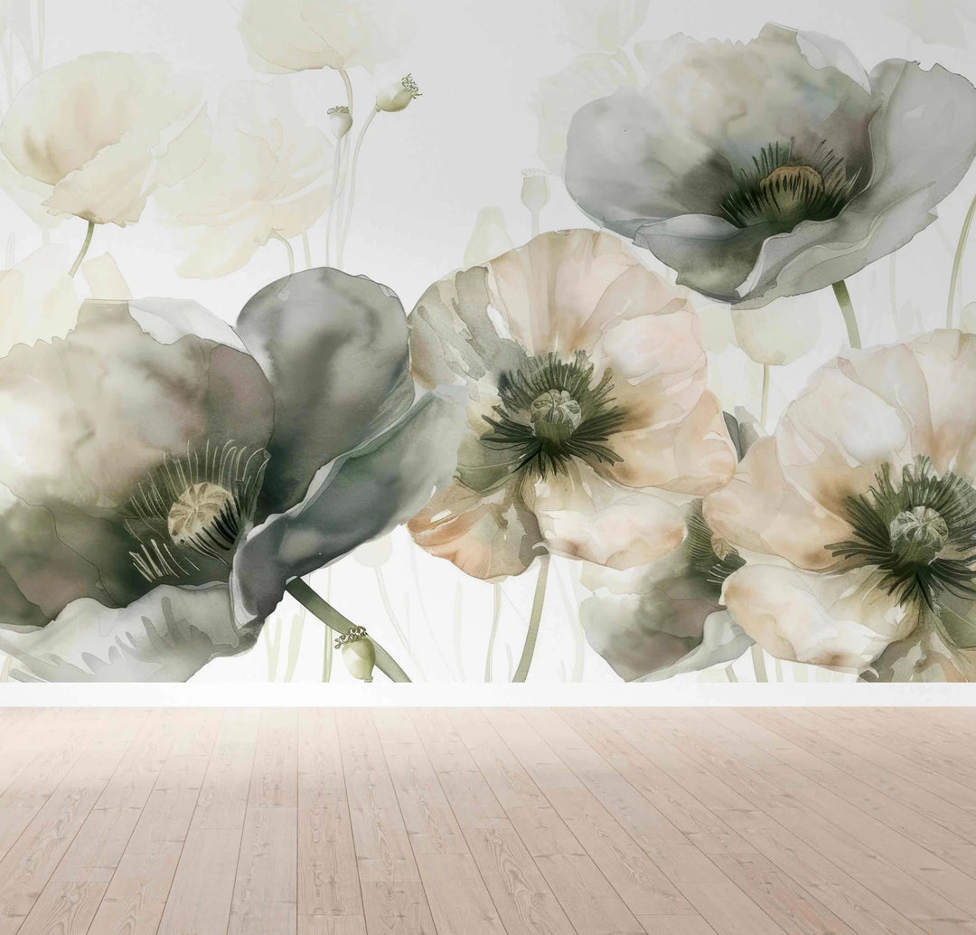 Délice Printanier : Coquelicots Verts et Crème - Illulart: Papier peint panoramique