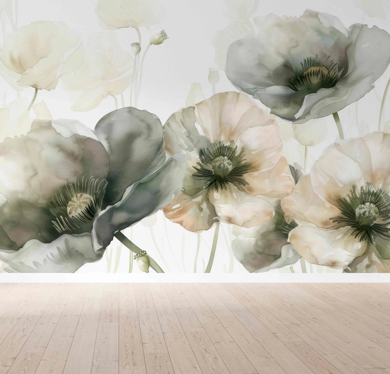 Délice Printanier : Coquelicots Verts et Crème - Illulart: Papier peint panoramique