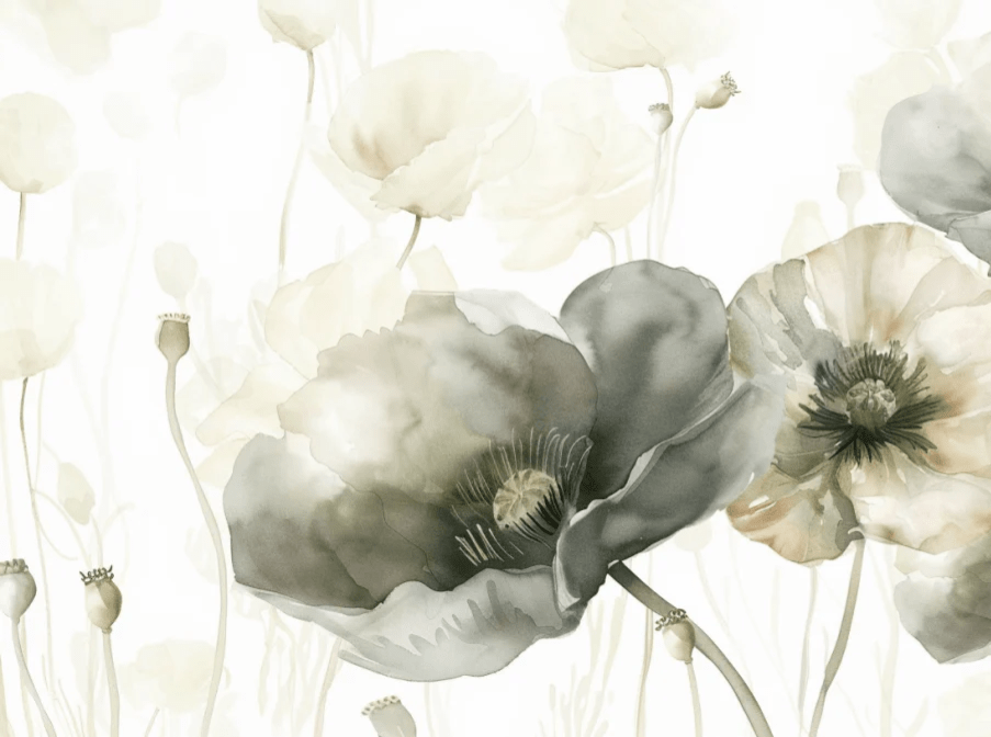 Délice Printanier : Coquelicots Verts et Crème - Illulart: Papier peint panoramique