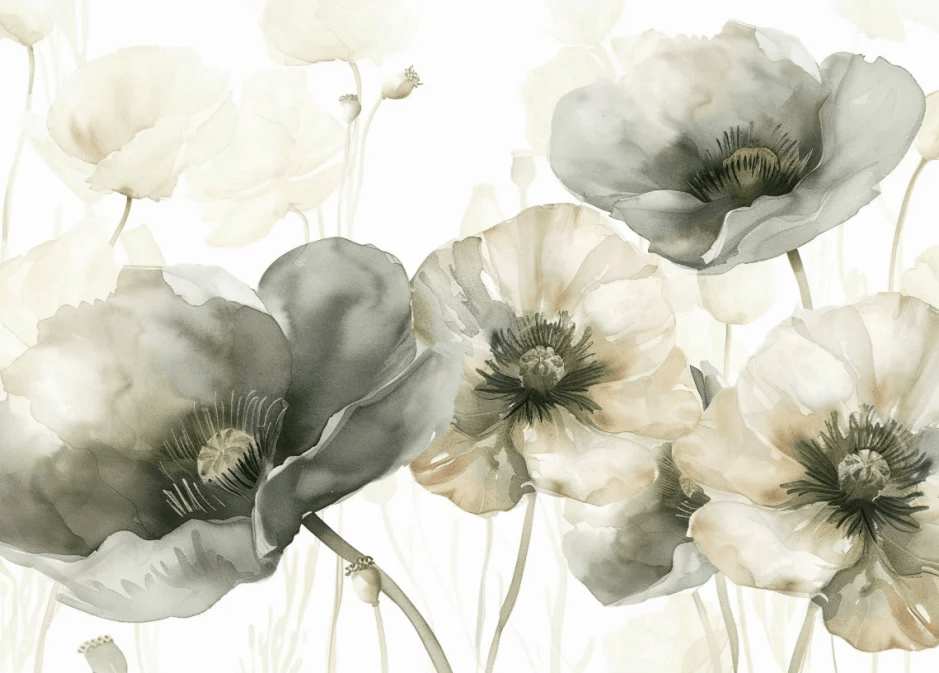 Délice Printanier : Coquelicots Verts et Crème - Illulart: Papier peint panoramique