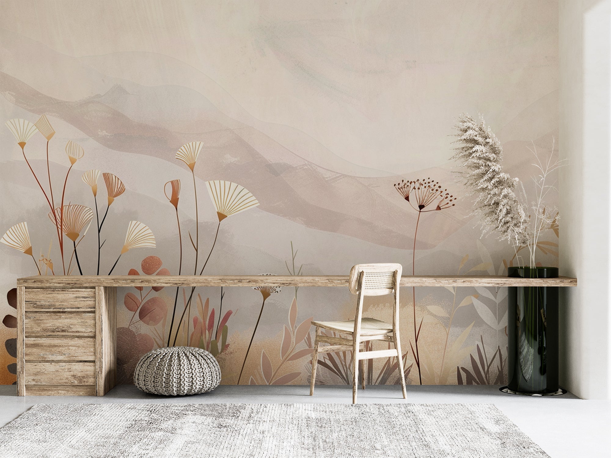 Revêtement Mural Botanique Douce Prairie | Papier Peint Panoramique dans un bureau