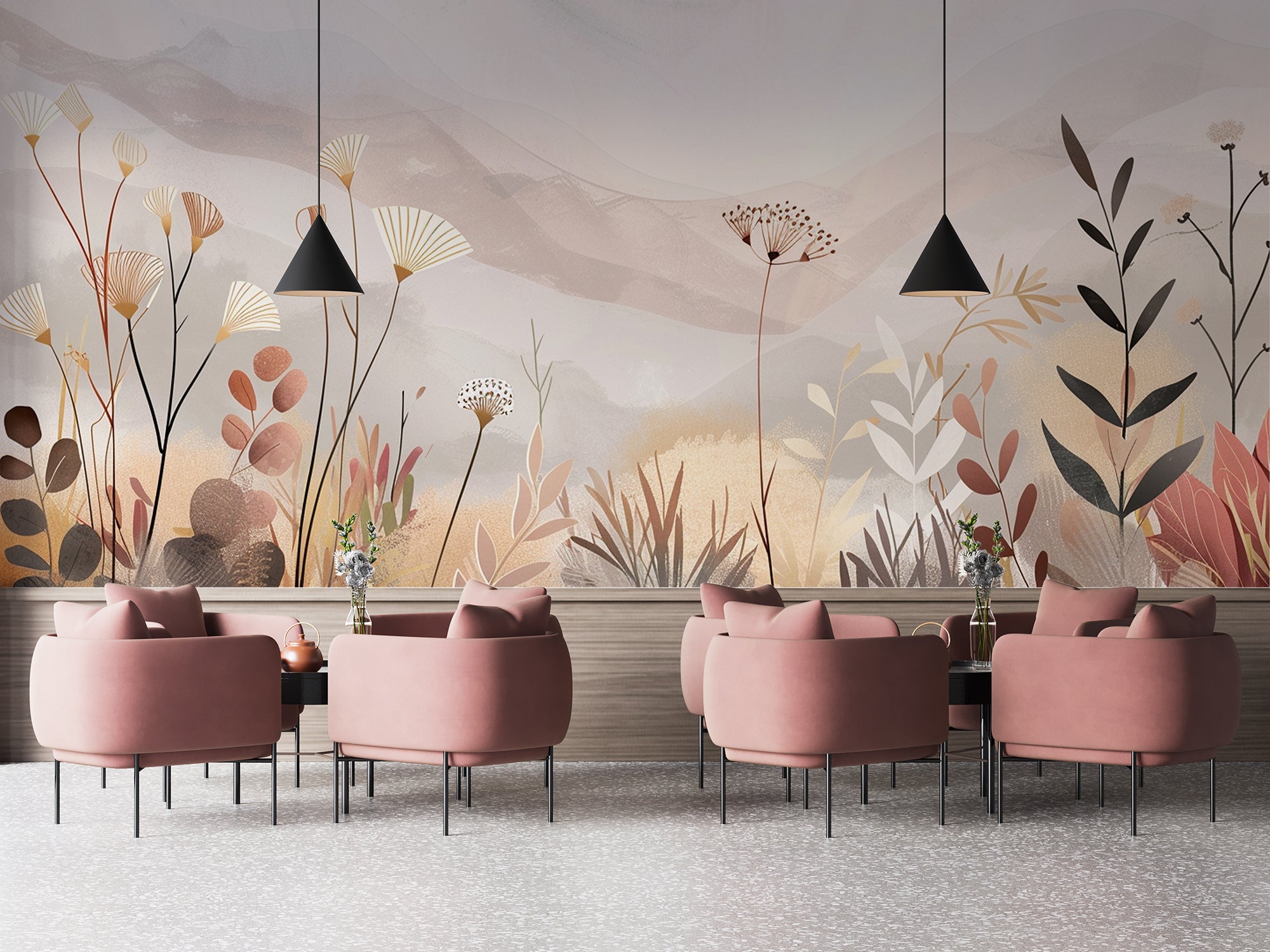 Revêtement Mural Botanique Douce Prairie | Papier Peint Panoramique dans un restaurant