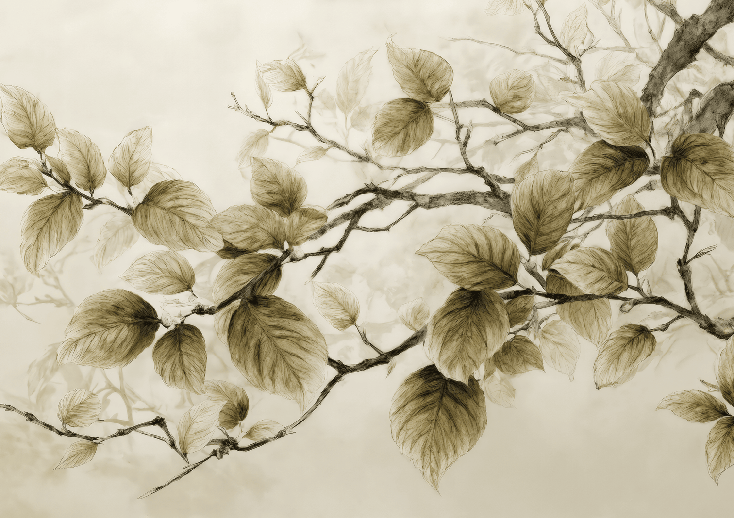 Douceur de l’arbre – Papier Peint Branches Délicates au Feuillage Tendre - Illulart: Papier peint panoramique